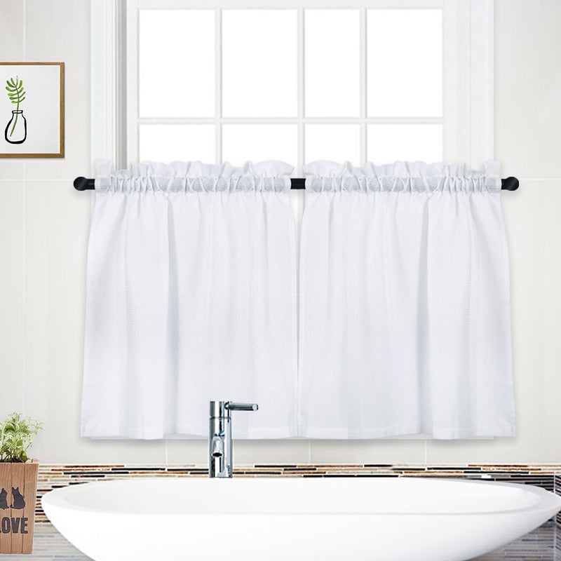 NANAN Tier Curtains, Waffle Weave Textured Short Curtain for Bathroom Waterproof Window Covering Kitchen Cafe Curtains - 30" x 24", White, Set of 2 - Image 1